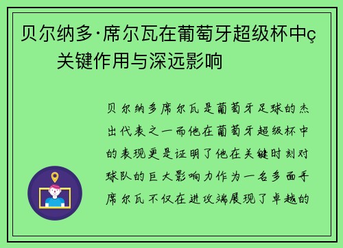 贝尔纳多·席尔瓦在葡萄牙超级杯中的关键作用与深远影响 贝尔纳多·席尔瓦在葡萄牙超级杯中的关键作用与深远影响